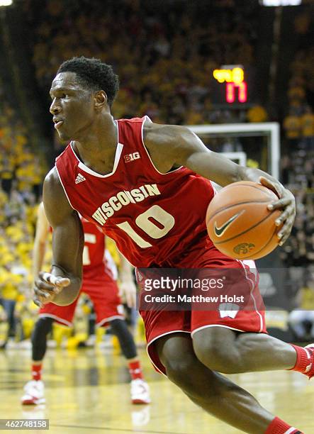 Forward Nigel Hayes of the Wisconsin Badgers goes to the basket in the first half of the match-up against the Iowa Hawkeyes, on January 31, 2015 at...