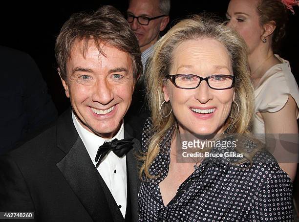 Martin Short and Meryl Streep pose backstage at the hit play "It's Only a Play" on Broadway at The Jacobs Theater on February 3, 2015 in New York...