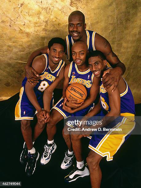Shaquille O'Neal, Kobe Bryant, Nick Van Exel and Eddie Jones of the Los Angeles Lakers poses for a portrait during NBA All-Star Weekend on February...