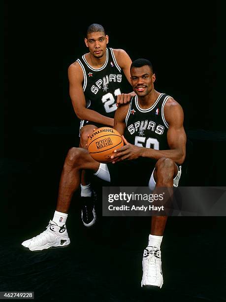 David Robinson and Tim Duncan of the San Antonio Spurs poses for a portrait prior to NBA All-Star Game on February 8, 1998 at Madison Square Garden...