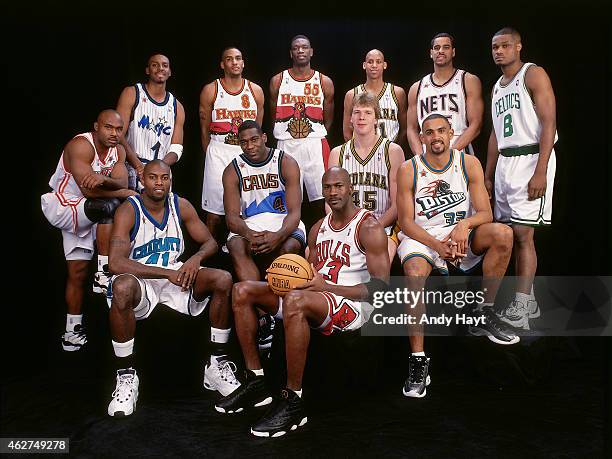 The East All Stars poses for a portrait prior to NBA All-Star Game on February 8, 1998 at Madison Square Garden in New York City. NOTE TO USER: User...