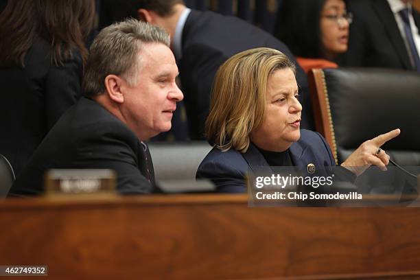 House Foreign Affairs Committee members Rep. Chris Smith and Rep. Ileana Ros-Lehtinen talk before a hearing about Cuba policy in the Rayburn House...