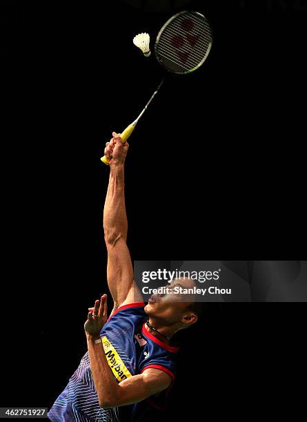 Lee Chong Wei of Malaysia plays a shot to Hans Kristian Vittinghus of Denmark during day two of the Men's Singles of the Malaysia Badminton Open at...