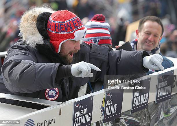 Josh Kline cheers during the Patriots Super Bowl victory parade on February 4, 2015.