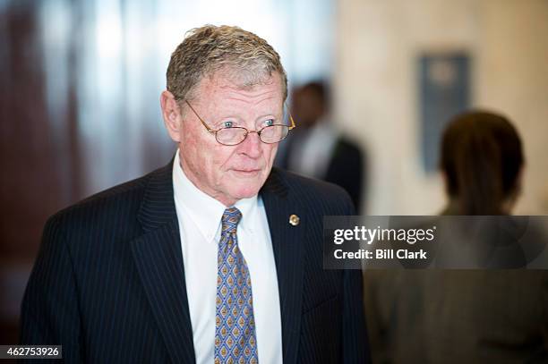 Sen. James Inhofe, R-Okla., leaves the bipartisan Senate luncheon in the Kennedy Caucus Room in the Russell Senate Office Building on Wednesday, Feb....