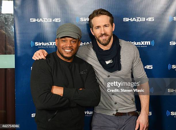 Radio host and TV personality Sway and actor Ryan Reynolds visit Shade 45/Sway at SiriusXM Studios on February 4, 2015 in New York City.