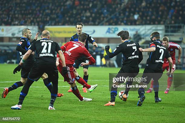 Marcell Jansen of Hamburg scores the seconmd team goal during the Bundesliga match between SC Paderborn 07 and Hamburger SV at Benteler Arena on...