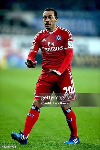 Marcelo Diaz of Hamburg reacts during the Bundesliga match between SC Paderborn 07 and Hamburger SV at Benteler Arena on February 4, 2015 in...