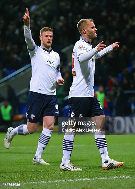 Eidur Gudjohnsen of Bolton Wanderers celebrates scoring the opening goal from the penalty spot with Matt Mills of Bolton Wanderers during the FA Cup...