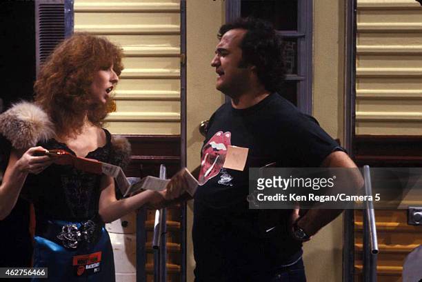 Laraine Newman and John Belushi are photographed on the set of Saturday Night Live in 1978 in New York City. CREDIT MUST READ: Ken Regan/Camera 5 via...