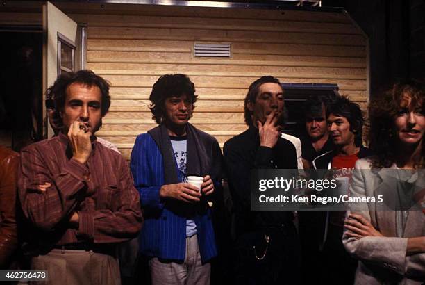 Lorne Michaels, Mick Jagger, Charlie Watts and Laraine Newman are photographed on the set of Saturday Night Live in October 1978 in New York City....