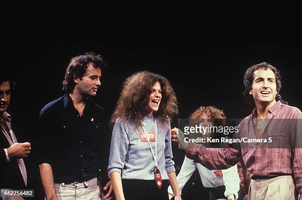 John Belushi, Bill Murray, Gilda Radner, Laraine Newman and Lorne Michaels are photographed on the set of Saturday Night Live in 1978 in New York...