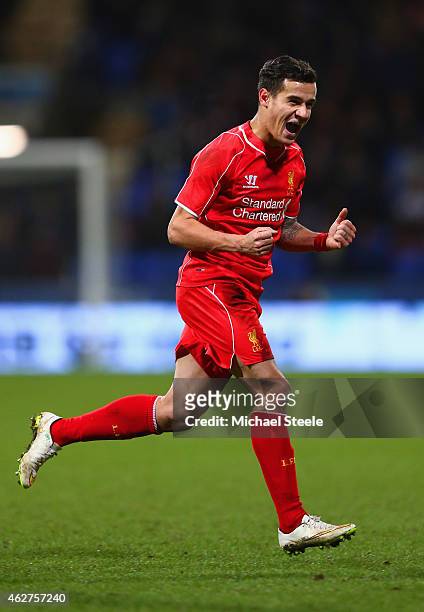 Philippe Coutinho of Liverpool celebrates scoring their second goal during the FA Cup Fourth round replay between Bolton Wanderers and Liverpool at...