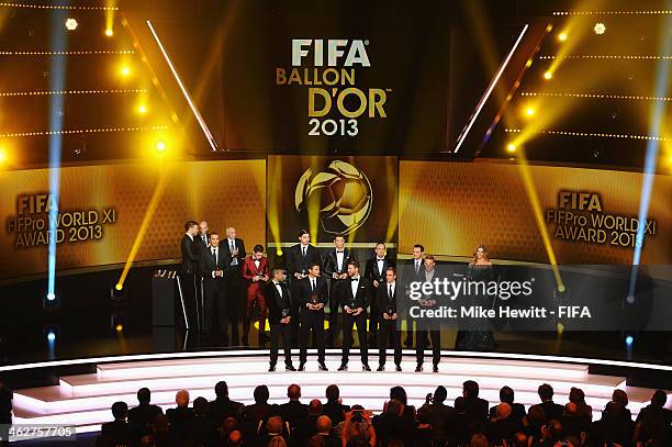 General view showing the FIFA/FIFPro World XI for 2013 during the FIFA Ballon d'Or Gala 2013 at the Kongresshaus on January 13, 2014 in Zurich,...