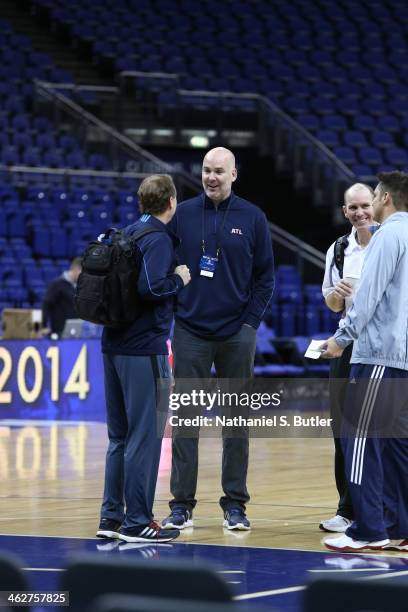 General Manager Danny Ferry speaks to Head Coach Mike Budenholzer of the Atlanta Hawks during practice as part of the 2014 Global Games on January...