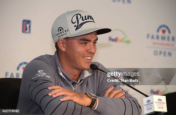 Rickie Fowler is interviewed by the media during the Farmers Insurance Open at Torrey Pines Golf Course on February 4, 2015 in San Diego, California.