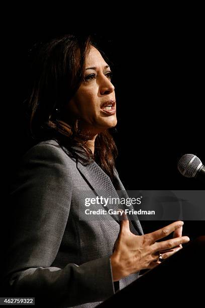 California Attorney General Kamala Harris speaks at Akerman Student Union on the campus of UCLA on January 30, 2015 in the Westwood area of Los...