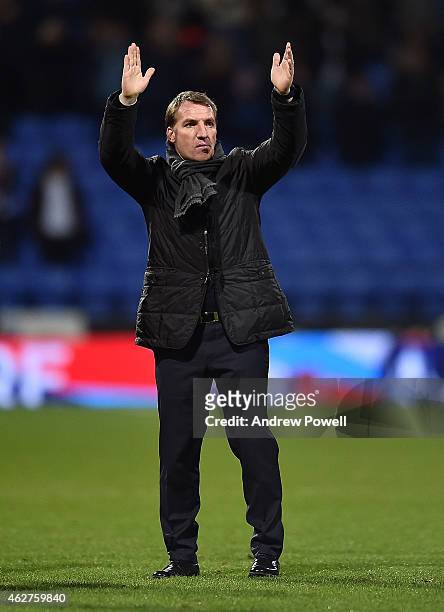Brendan Rodgers manager of Liverpool shows his appreciation at the end of the FA Cup Fourth Round Replay match between Bolton Wanderers and Liverpool...