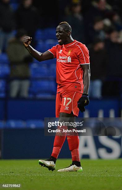 Mamadou Sakho of Liverpool shows his appreciation at the end of the FA Cup Fourth Round Replay match between Bolton Wanderers and Liverpool at Macron...