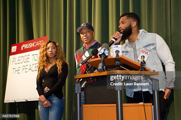 Simone Shepherd, King Keraun and Russell Simmons attend the RushCard Keep The Peace LA at Susan Miller Dorsey High School on February 4, 2015 in Los...