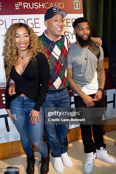 Simone Shepherd, Russell Simmons and King Keraun attend the RushCard Keep The Peace LA at Susan Miller Dorsey High School on February 4, 2015 in Los...