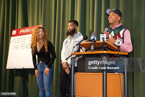 Simone Shepherd, King Keraun and Russell Simmons attend the RushCard Keep The Peace LA at Susan Miller Dorsey High School on February 4, 2015 in Los...