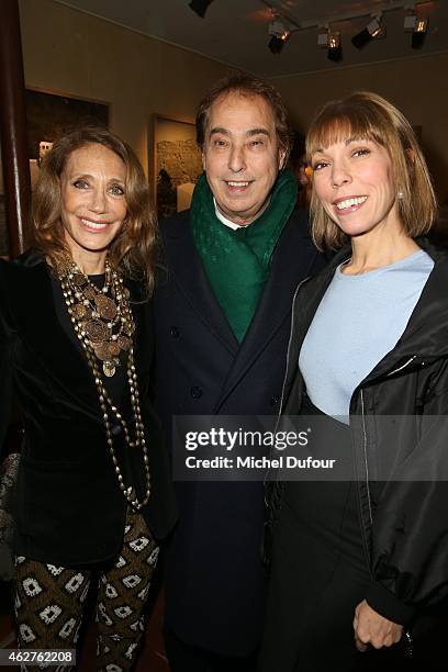 Marisa Berenson, Gilles Dufour and Mathilde Favier attend the cocktail party for the exposition of Patrice Calmettes at Galerie Pierre Passebon on...