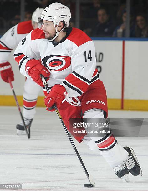 Nathan Gerbe of the Carolina Hurricanes skates with the puck against the New York Rangers at Madison Square Garden on January 31, 2015 in New York...