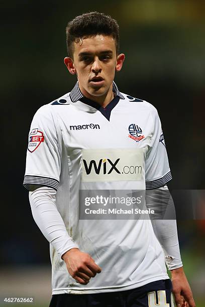 Zach Clough of Bolton during the FA Cup fourth round replay match between Bolton Wanderers and Liverpool at the Macron Stadium on February 4, 2015 in...