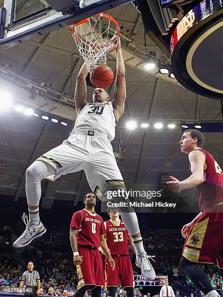 Zach Auguste of the Notre Dame Fighting Irish dunks the ball against the Boston College Eagles at Purcell Pavilion on February 4, 2015 in South Bend,...