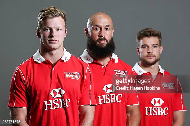 To R, Cameron Clark of Australia, DJ Forbes of New Zealand, and Tom Mitchell of England pose during a portrait session ahead of the 2015 HSBC...