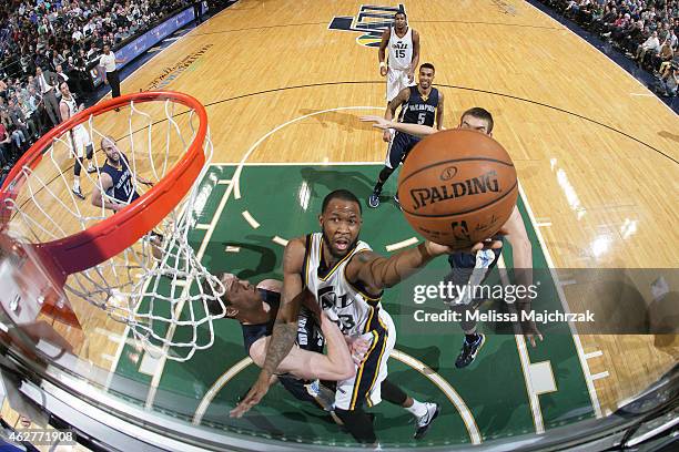 Chris Johnson of the Utah Jazz shoots the ball against the Memphis Grizzlies during the game on February 4, 2015 at EnergySolutions Arena in Salt...