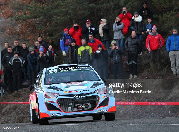 Thierry Neuville of Belgium and Nicolas Gilsoul of Belgium compete in their Hyundai Motorsport Hyundai I20 WRC during the Shakedown of the WRC...