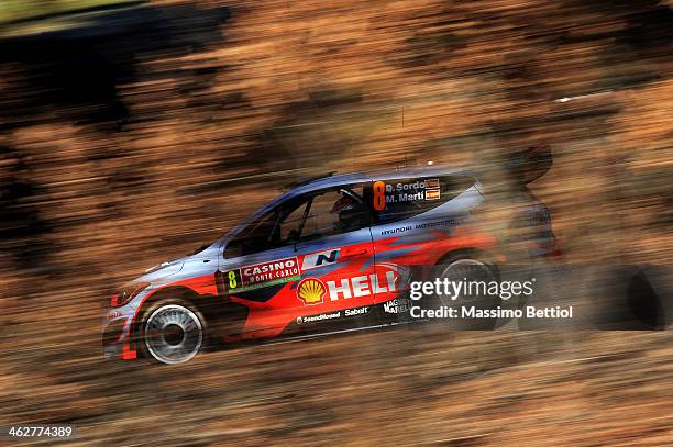 Daniel Sordo of Spain and Marc Marti of Spain compete in their Hyundai Motorsport Hyundai I20 WRC during the Shakedown of the WRC Monte-Carlo on...