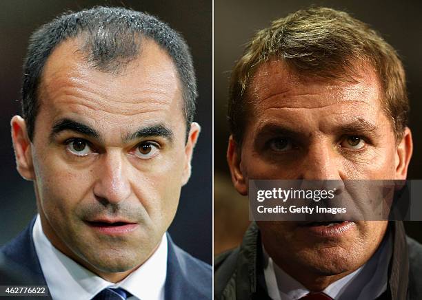 In this composite image a comparision has been made between Roberto Martinez, manager of Everton FC and Brendan Rodgers,manager of Liverpool. Everton...