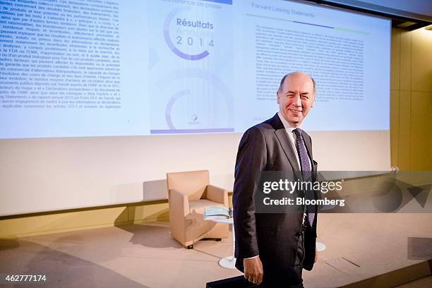 Serge Weinberg, chairman and interim chief executive officer of Sanofi, France's largest drugmaker, reacts during a news conference to announce the...