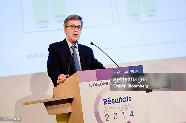 Jerome Contamine, chief financial officer of Sanofi, France's largest drugmaker, speaks during a news conference to announce the company's quarterly...
