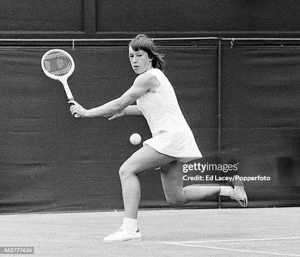 Martina Navratilova of Czechoslovakia in action at Wimbledon, circa June 1973. Navratilova lost in the third round to Patti Hogan of the United...