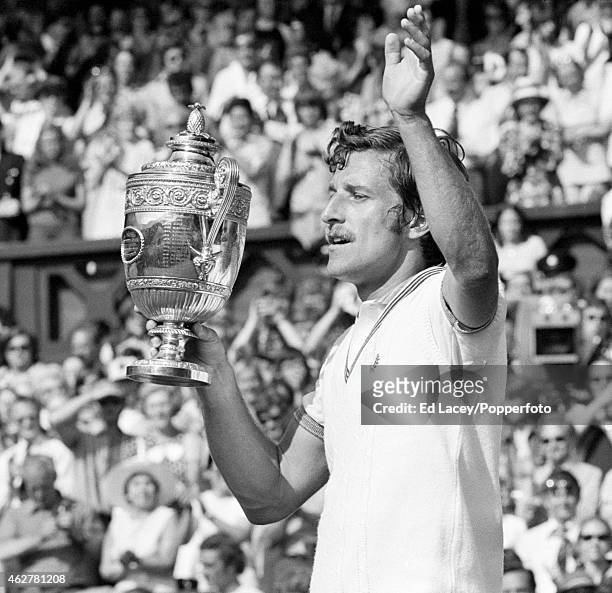 Jan Kodes of Czechoslovakia with the trophy after defeating Alex Metreveli of Russia in straight sets in the Men's Singles final at Wimbledon on 6th...