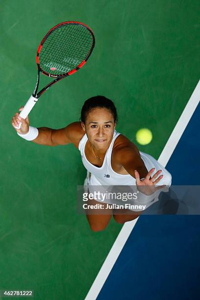 Heather Watson of Great Britain serves to Cagla Buyukakcay of Turkey during day two of the Fed Cup/Africa Group One tennis at Syma Event and Congress...