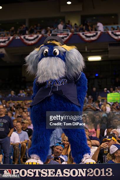 Tampa Bay Rays mascot Raymond entertains the crowd in between innings during Game 3 of the American League Division Series the Boston Red Sox at...