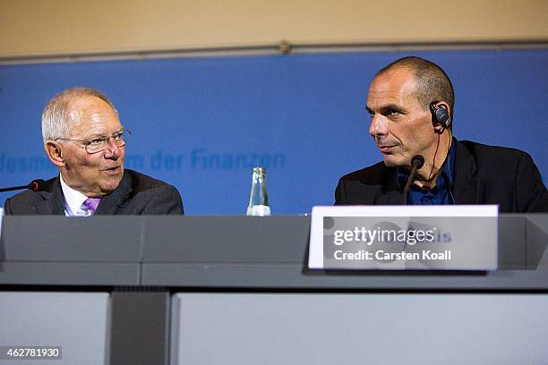 New Greek Finance Minister Yanis Varoufakis and German Finance Minister Wolfgang Schaeuble speak to the media following talks on February 5, 2015 in...