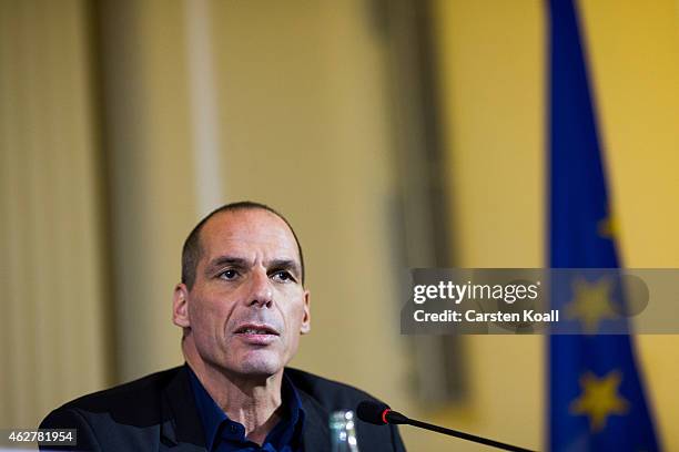 New Greek Finance Minister Yanis Varoufakis attend a press conference with German Finance Minister Wolfgang Schaeuble following talks on February 5,...