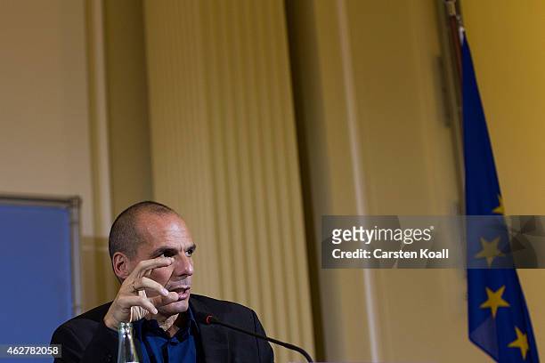 New Greek Finance Minister Yanis Varoufakis attend a press conference with German Finance Minister Wolfgang Schaeuble following talks on February 5,...