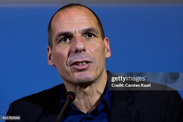 New Greek Finance Minister Yanis Varoufakis attend a press conference with German Finance Minister Wolfgang Schaeuble following talks on February 5,...