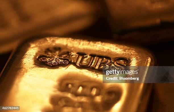 Branded five hundred gram gold bar is seen in this arranged photograph at Gold Investments Ltd. Bullion dealers in London, U.K., on Wednesday, Jan....