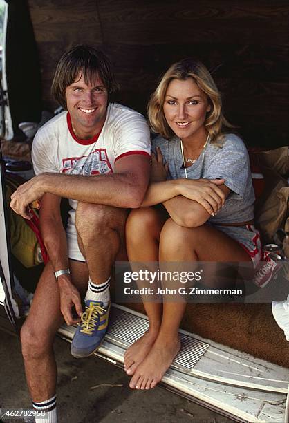 Portrait of media personality and Olympic Decathlon gold medalist Bruce Jenner with his girlfriend Linda Thompson during photo shoot. Malibu, CA...