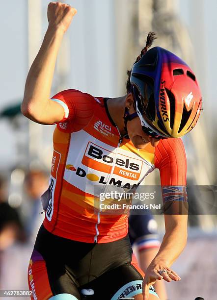 Elizabeth Armitstead of Great Britain and Boels Dolmans Cycling celebrate after winning stage three of the 2015 Ladies Tour of Qatar from Souq Waqif...