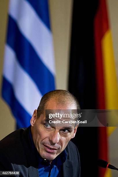 New Greek Finance Minister Yanis Varoufakis attends a press conference with German Finance Minister Wolfgang Schaeuble following talks on February 5,...