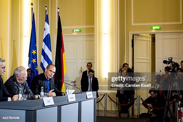 New Greek Finance Minister Yanis Varoufakis and German Finance Minister Wolfgang Schaeuble speak to the media following talks on February 5, 2015 in...